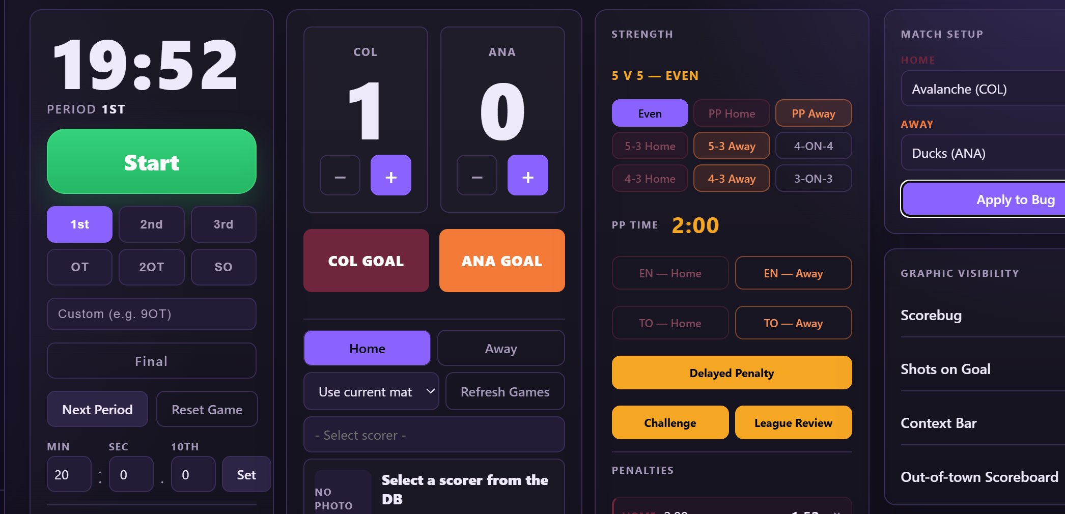 LineCastFX hockey control panel with clock, score, strength and match setup